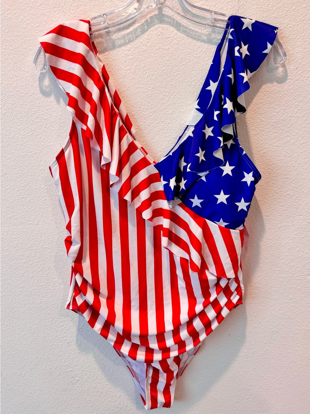 Women’s XL Red & Blue Star-Stripe American Flag One-Piece Swimsuit with Ruffle
